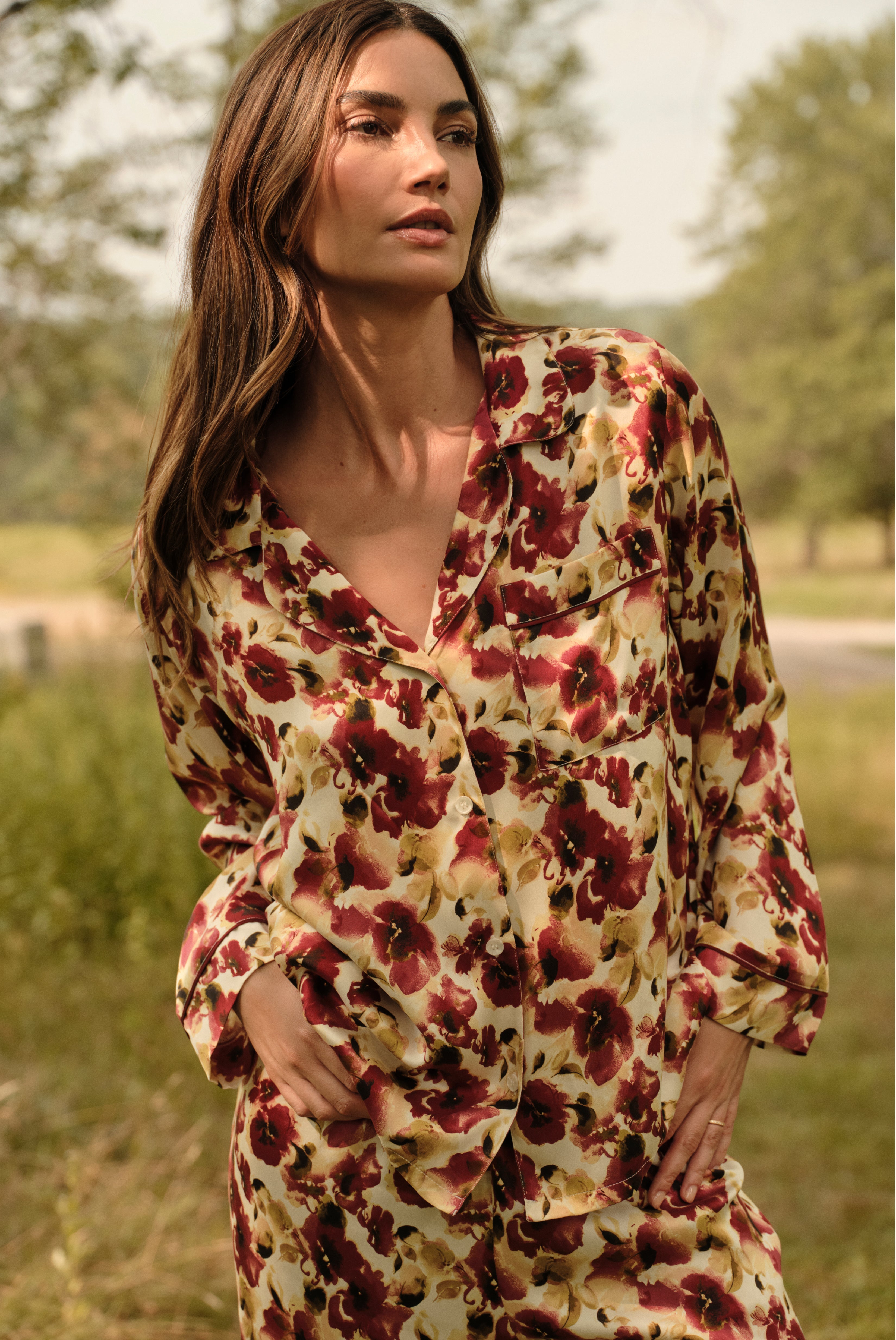 Eberjey x  Lily Aldridge - Inez Washable Silk Printed Long PJ Set