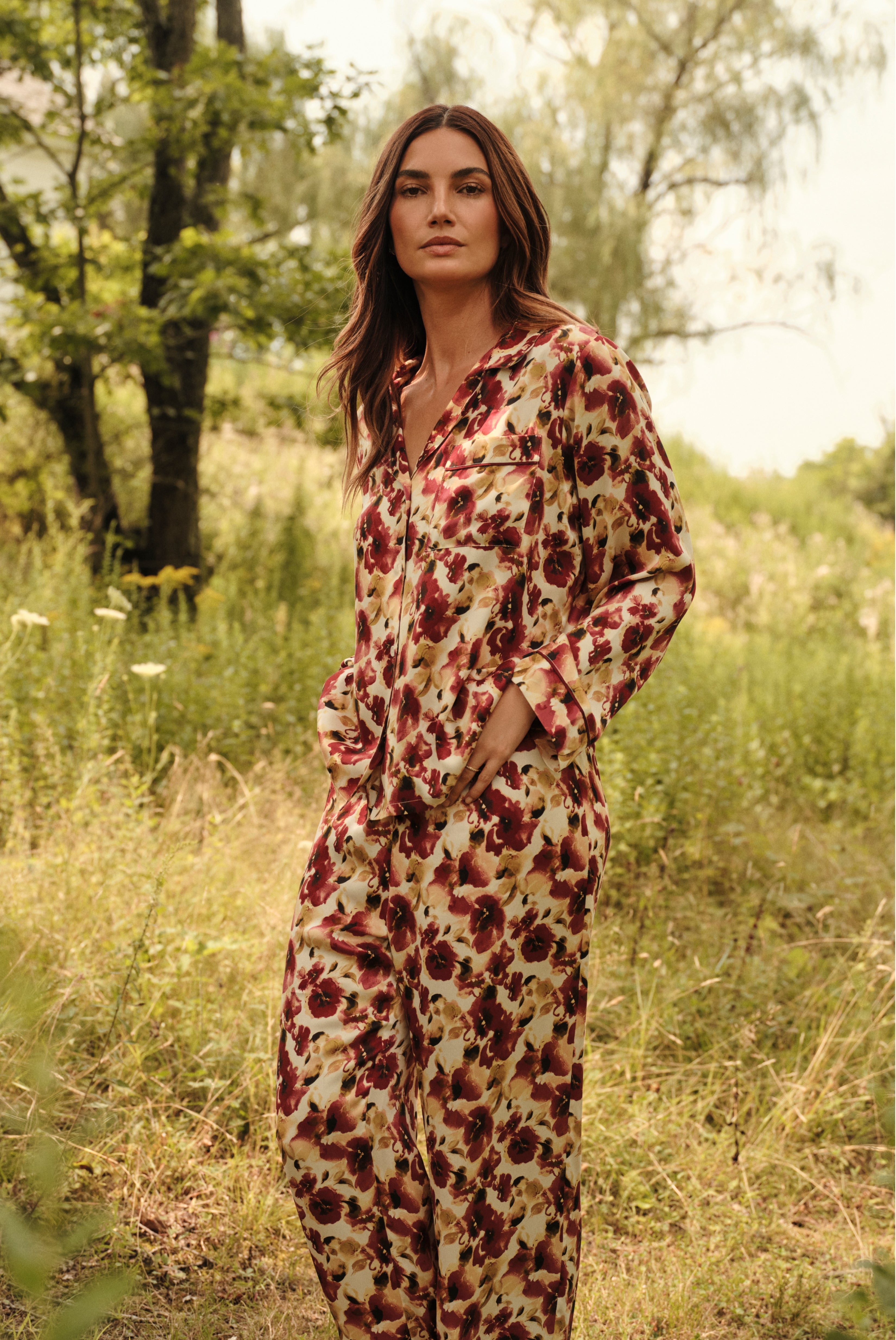 Eberjey x  Lily Aldridge - Inez Washable Silk Printed Long PJ Set