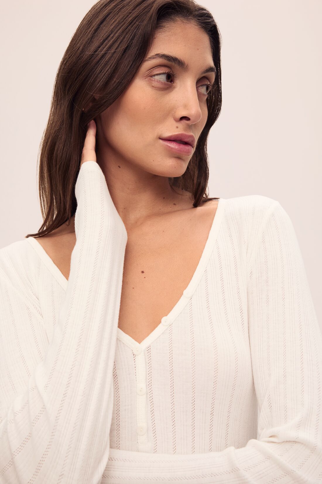 Pointelle V Neck Henley
