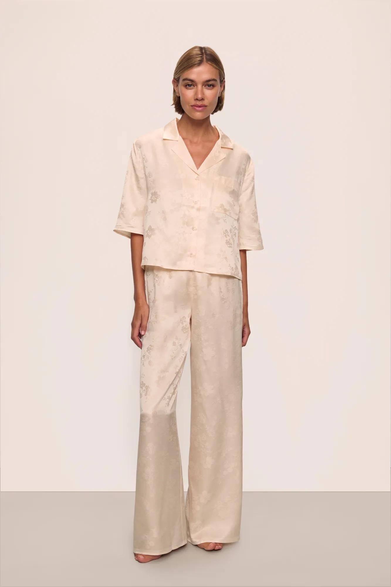Inez Washable Silk Jacquard Relaxed Wide Leg Pant PJ Set