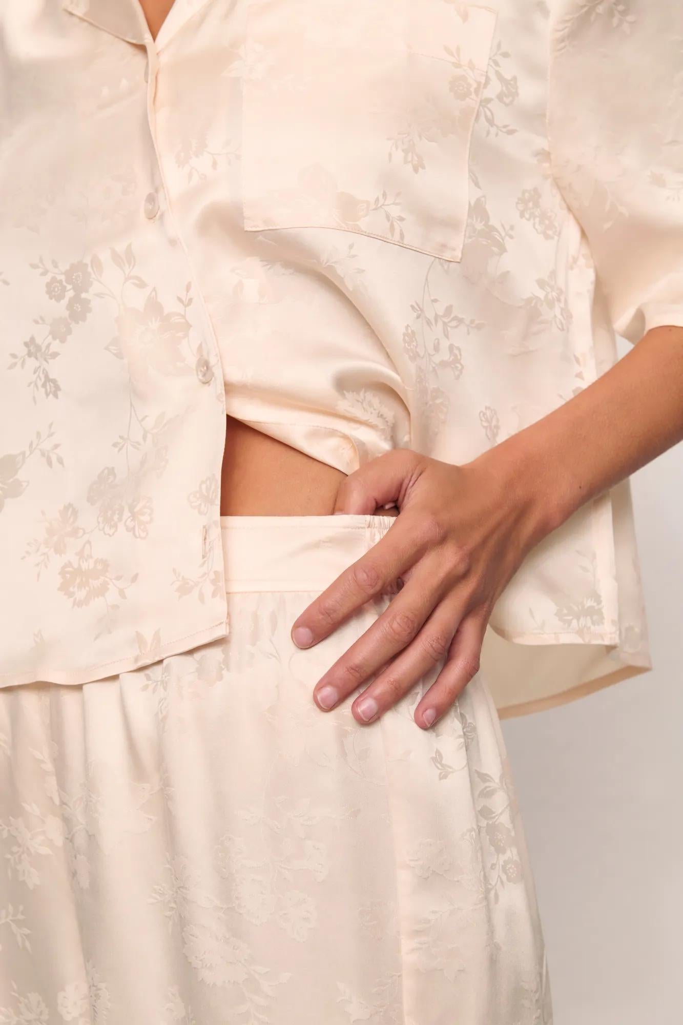 Inez Washable Silk Jacquard Relaxed Wide Leg Pant PJ Set